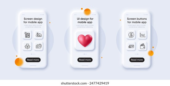 Parken Zahlung, Karte und Geldwechsel Linie Icons Pack. 3D Telefon Mockups mit Herz. Smartphone-Bildschirm aus Glas. Gehalt, Diagramm, Spenden-Web-Symbol. Zahlungsmethode, Debitkarten-Piktogramm. Vektorgrafik