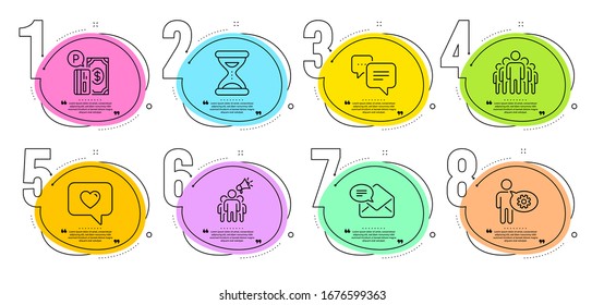Parking payment, Group and Love message signs. Timeline steps infographic. Dots message, Cogwheel and Brand ambassador line icons set. Time, New mail symbols. Chat bubble, Engineering tool. Vector