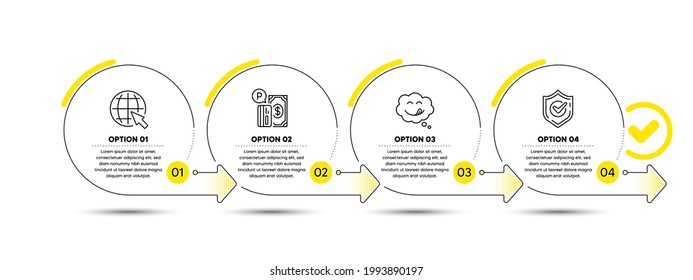 Parking payment, Internet and Yummy smile line icons set. Timeline process infograph. Confirmed sign. Paid garage, World web, Comic chat. Accepted message. Technology set. Vector