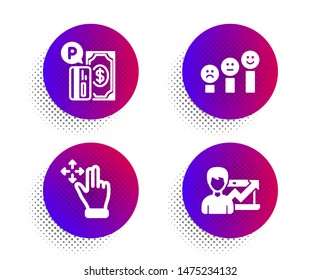 Parking payment, Move gesture and Customer satisfaction icons simple set. Halftone dots button. Success business sign. Paid garage, Swipe, Happy smile chart. Growth chart. Business set. Vector