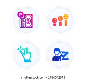 Parking payment, Move gesture and Customer satisfaction icons simple set. Button with halftone dots. Success business sign. Paid garage, Swipe, Happy smile chart. Growth chart. Business set. Vector