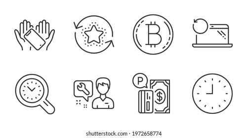 Parking payment, Repairman and Time management line icons set. Smartphone holding, Bitcoin and Recovery laptop signs. Loyalty points, Clock symbols. Quality line icons. Parking payment badge. Vector