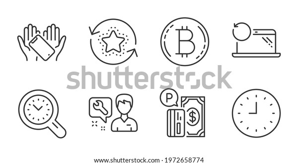 Parking payment, Repairman and Time management\
line icons set. Smartphone holding, Bitcoin and Recovery laptop\
signs. Loyalty points, Clock symbols. Quality line icons. Parking\
payment badge. Vector