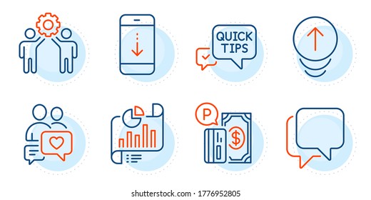 Parking payment, Scroll down and Report document signs. Talk bubble, Swipe up and Dating chat line icons set. Employees teamwork, Quick tips symbols. Chat message, Scrolling page. Vector