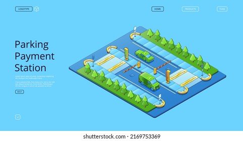 Parking payment station banner with isometric illustration of road with cars, ticket machines and barrier gates. Vector landing page of auto parking control system