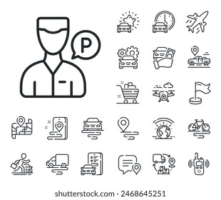 Parking person sign. Plane, supply chain and place location outline icons. Valet servant line icon. Transport park service symbol. Valet servant line sign. Taxi transport, rent a bike icon. Vector