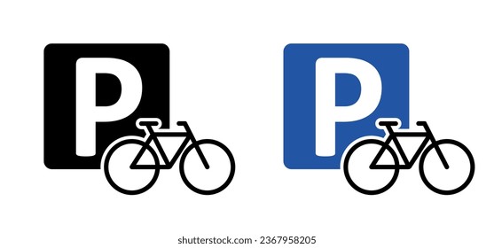 aparcamiento, logotipo de ubicación de anclaje. Letra P Símbolo de estacionamiento. Banner de patrón de línea de ciclismo. Vehículo, carteles de tráfico. Cartel del logo del ciclista. Símbolo de ciclismo. Bicicleta vectorial. Biker de montaña, ruta de turismo.