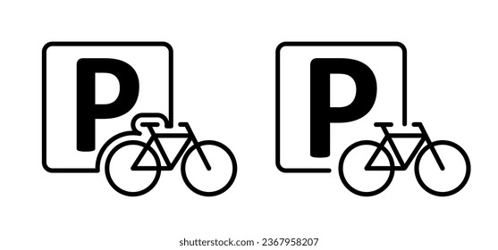 aparcamiento, logotipo de ubicación de anclaje. Letra P Símbolo de estacionamiento. Banner de patrón de línea de ciclismo. Vehículo, carteles de tráfico. Cartel del logo del ciclista. Símbolo de ciclismo. Bicicleta vectorial. Biker de montaña, ruta de turismo.