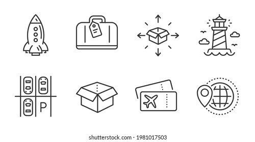 Parking place, Boarding pass and Parcel delivery line icons set. World travel, Lighthouse and Hand baggage signs. Rocket, Open box symbols. Transport, Flight ticket, Logistics service. Vector