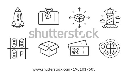 Parking place, Boarding pass and Parcel delivery line icons set. World travel, Lighthouse and Hand baggage signs. Rocket, Open box symbols. Transport, Flight ticket, Logistics service. Vector