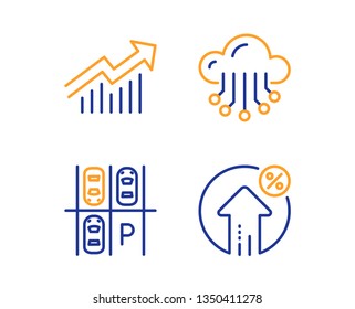Parking place, Cloud storage and Demand curve icons simple set. Loan percent sign. Transport, Data service, Statistical report. Growth rate. Technology set. Linear parking place icon. Vector