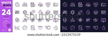 Parking place, Fast verification and Shield line icons for website, printing. Collection of Packing boxes, International globe, Inspect icons. Ranking stars, Stars, Star web elements. Vector