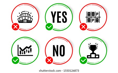 Parking Place, Financial Diagram And Arena Stadium Icons Simple Set. Yes No Check Box. Winner Podium Sign. Transport, Candlestick Chart, Competition Building. Competition Results. Business Set. Vector