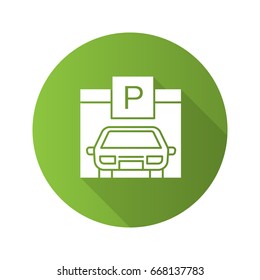 Parking place flat design long shadow glyph icon. Auto shed. Car garage with P sign. Vector silhouette illustration