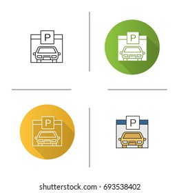 Parking place icon. Flat design, linear and color styles. Auto shed. Car garage with P sign. Isolated vector illustrations