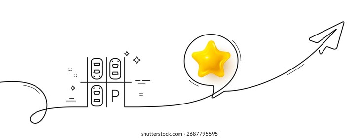 Symbol für Parkplatzzeile. Endlose Linie mit Freigabeebene. Parkschild. Transportsymbol. 3D-Stern in Sprechblase. Parkplatz einzeiliges Band. Schleifenverlaufsmuster. Vektorgrafik