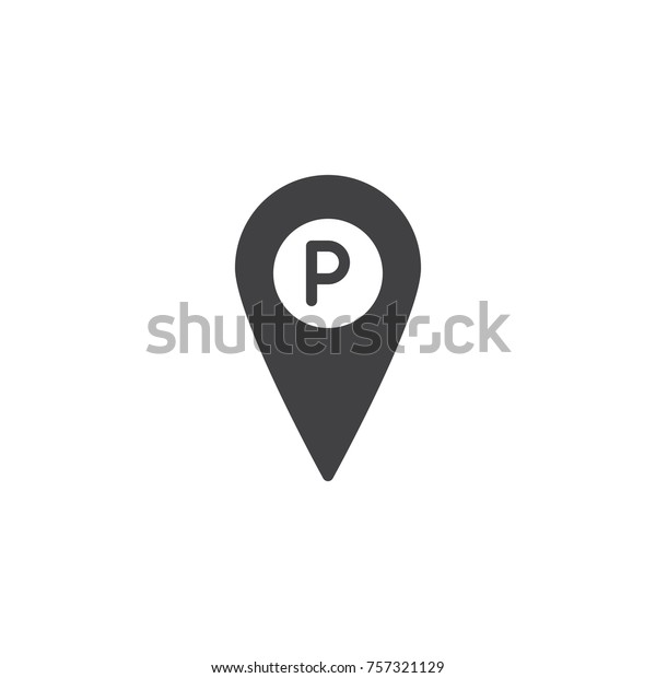 Parking place location pin icon vector,\
filled flat sign, solid pictogram isolated on white. Map pointer\
with car parking symbol, logo\
illustration.