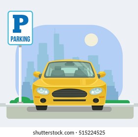 Parking place with one car. Vector flat cartoon illustration