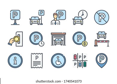 Parking Place related color line icon set. Paid Parking Zone and Private Entry colorful linear icons. Garage Area and Car-park flat color outline vector sign collection.