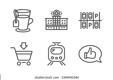 Parking Place, Train And Tea Icons Simple Set. Hospital Building, Online Market And Feedback Signs. Transport, Tram. Business Set. Line Parking Place Icon. Editable Stroke. Vector