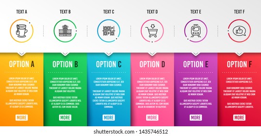 Parking place, Train and Tea icons simple set. Hospital building, Online market and Feedback signs. Transport, Tram. Business set. Infographic template. 6 steps timeline. Business options. Vector