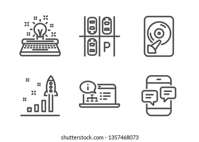 Parking place, Typewriter and Hdd icons simple set. Online documentation, Development plan and Phone messages signs. Transport, Inspiration. Technology set. Line parking place icon. Editable stroke