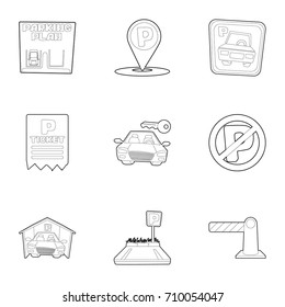 Parking plan icons set. Outline set of 9 parking plan vector icons for web isolated on white background