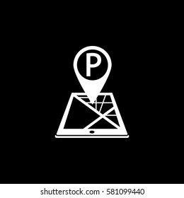 Parking pointer solid icon, mobile gps navigation and location, pin on tablet vector graphics, a filled pattern on a black background, eps 10.