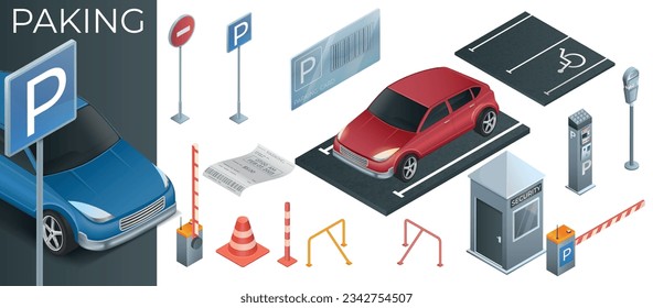 Parking realistic composition with street traffic signs coupon and elements of automatic paid parking assistant vector illustration