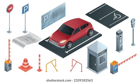 Parking realistic set with car in parking lot tickets and elements of automatic parking assistant technology isolated vector illustration