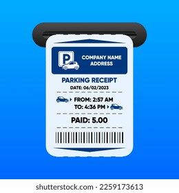 Parking Receipt. Check from parking meter. Price for car stay or entrance and exit ticket from vehicle stand. Parking zone. concept. Vector illustration.