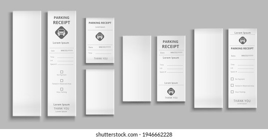 Parking receipts 3d vector templates, paper pay check for car park service, payment transaction blank and filled cards with date and time isolated mockup on grey background realistic illustration, set