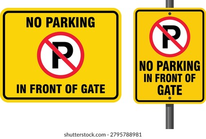Parking restriction icon. Traffic management related warning signs: no parking in front of gate, vehicle access control, roadway regulation, property protection and compliance communication. Editable vector template. Vector illustration.