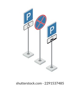 Parking road signs on white background 3d isometric vector illustration