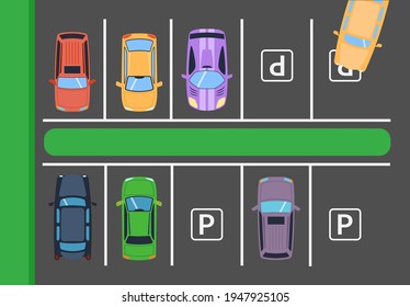 Parking, road at top view, vector illustration. Auto transportation at street, car cartoon transport at urban traffic. Drive vehicle to city park