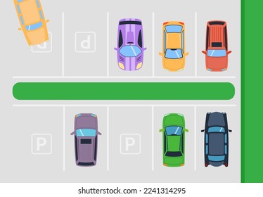 Parking, road at top view, vector illustration. Auto transportation at street, car cartoon transport at urban traffic. Drive vehicle to city park