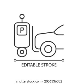 Parking robot linear icon. Self-driving forklift. Automated parking system. Robotic valet. Thin line customizable illustration. Contour symbol. Vector isolated outline drawing. Editable stroke