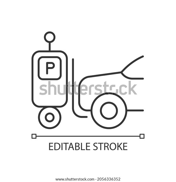 Parking\
robot linear icon. Self-driving forklift. Automated parking system.\
Robotic valet. Thin line customizable illustration. Contour symbol.\
Vector isolated outline drawing. Editable\
stroke