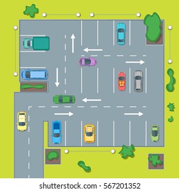 Esquema de estacionamiento con elemento de diseño de vista superior de carro y flecha para aplicación o juego. Ilustración del vector