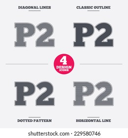 Parking second floor sign icon. Car parking P2 symbol. Diagonal and horizontal lines, classic outline, dotted texture. Pattern design icons.  Vector