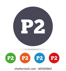Parking second floor sign icon. Car parking P2 symbol. Round colourful buttons with flat icons. Vector