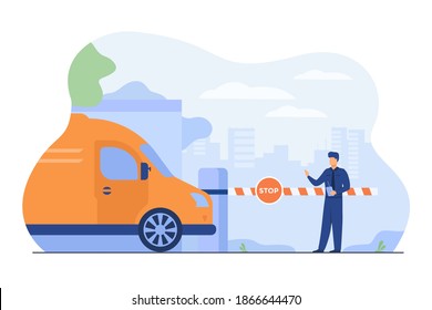 Parking lot security. Attendant standing at gate arm with stop sign for checking vehicles. Vector illustration for guard, automobile safety, transportation concept