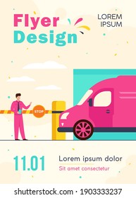 Parking lot security. Attendant standing at gate arm with stop sign for checking vehicles. Vector illustration for guard, automobile safety, transportation concept