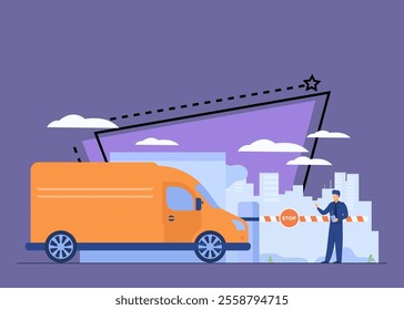 Parking lot security. Attendant standing at gate arm with stop sign for checking vehicles. Vector illustration for guard, automobile safety, transportation concept