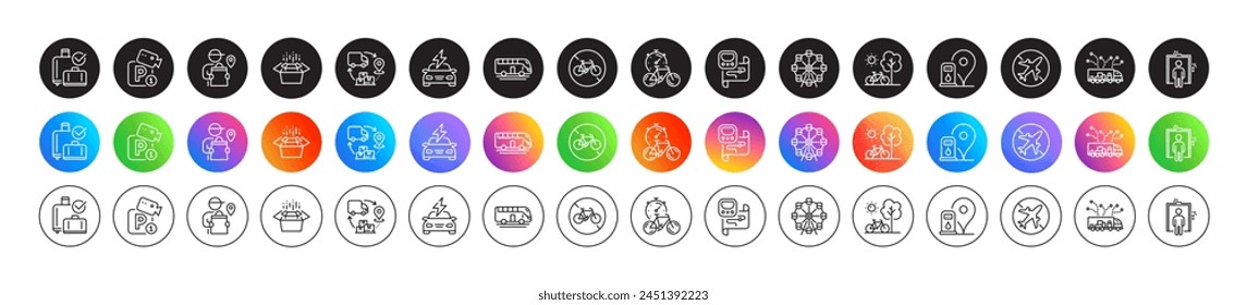 Iconos de seguridad de estacionamiento, temporizador de bicicleta y línea de ascensor. Botones de degradado de iconos redondos. Paquete de bicicleta, mapa del metro, icono de modo avión. Cargador de coche, cadena de suministro, pictograma de entrega de camiones. Vector