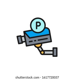 Parking security camera, surveillance system flat color line icon.