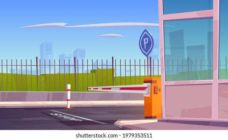 Parking security entrance with automatic car barrier, guardian booth, stop line and road sign. City guard system for automobile park, closed private area access with fence, Cartoon vector illustration