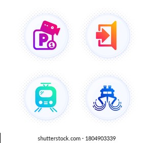 Parking security, Exit and Train icons simple set. Button with halftone dots. Ship sign. Video camera, Escape, Tram. Shipping watercraft. Transportation set. Vector