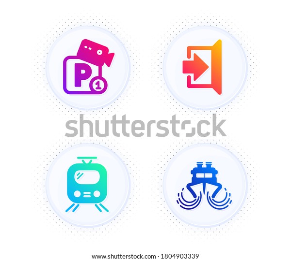 Parking security, Exit and\
Train icons simple set. Button with halftone dots. Ship sign. Video\
camera, Escape, Tram. Shipping watercraft. Transportation set.\
Vector