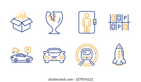 Parking security, Fragile package and Elevator line icons set. Open box, Metro subway and Parking place signs. Car, Rocket symbols. Video camera, Safe shipping. Transportation set. Vector
